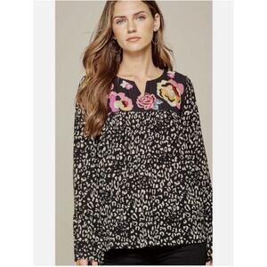 Savanna Jane Womens M Leopard Embroidered Crepe Boho Lightweight Blouse Top